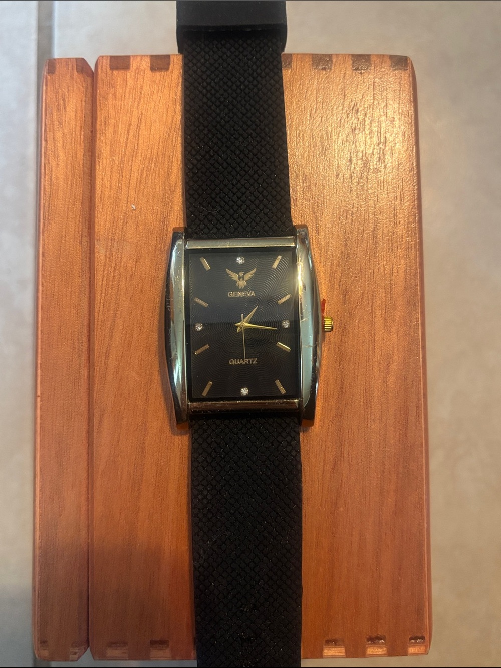 Geneva Black Rectangular Dial Men's Quartz Watch with Gold Accents